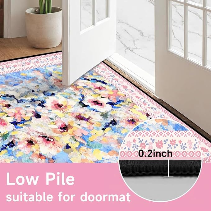 Floral Oil Painting Area Rug Watercolor Flower Print Rugs for Entryway Bedroom Living Room Nursery Kitchen Playroom Home Decor Washable Low Pile Floor Mat Carpet,6'x9'