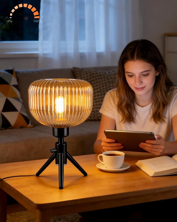Lightdot Tripod Glass Table Lamp Black Small Desk Lamp with Brown Striped Glass Shade, 3000K Warmwhite Dimmable Nightstand Lamp for Bedroom/Bedside/Living Room/Study Room/Home Decor