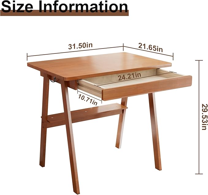 Solid Wood Desk with Drawers - 31.5 Inch Mid Century Modern Desks with Storage Shelf, Small Writing Desk for Small Spaces, Home Office Desks for Bedroom & Home, Walnut Color