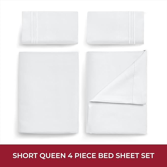 Mellanni RV Short Queen Sheets - 4 PC Iconic Collection Bedding - Hotel Luxury, Extra Soft, Cooling Bed Sheets - Deep Pocket up to 10 inch (RV/Short Queen, White)