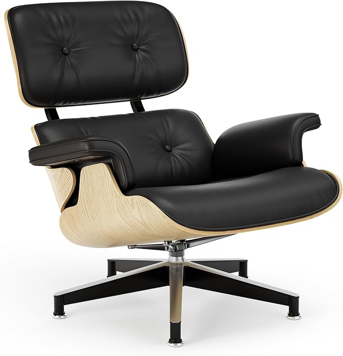 Top Cream White Grain Leather, Mid Century Chaise Lounge Chair and Ottoman, Modern Chair Classic Design, Walnut Wood, Heavy Duty Base Support for Living Room Office