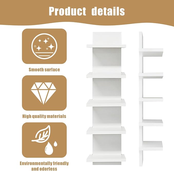 2 PCS 5 Tier Shelves for Wall, Decorative Wall Mounted Vertical Shelving Column Decor Mount Floating Storage Organizer Natural Finish Wall Shelf for Living Room, Bedroom, Bathroom