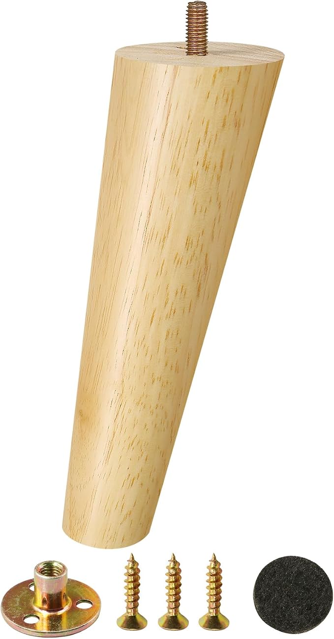 FoDau770 Rubber Wood Furniture Legs 8 Inches, 5/16" UNC Slant Tapered Wood Feet Mid Century Sofa Legs, Wooden Furniture Feet Replacement Parts for Cabinet Couch Dresser Chair Ottoman Table