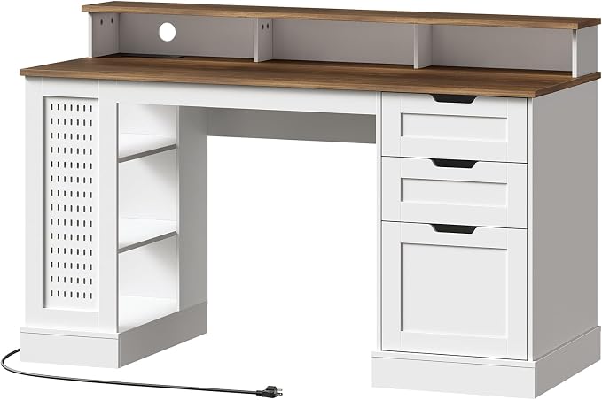 55-inch Farmhouse Executive Desk with 2 Drawers and File Cabinet, Computer Desk with 3-Tier Storage Shelves, Home Office Desk with Charging Station, Pegboard & Monitor Shelf, White and Walnut