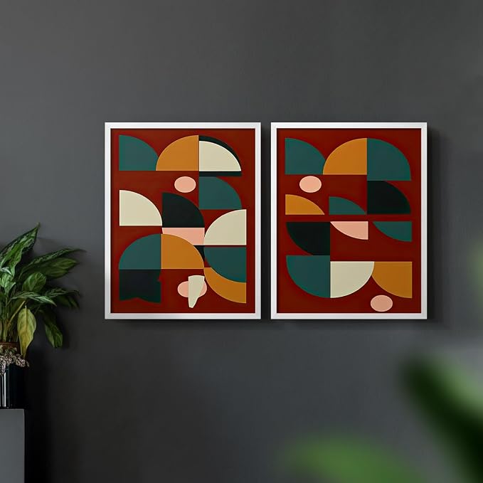 Renditions Gallery Set of 2 Peel & Stick Framed Prints, Mid Century Abstract Wall Art, Modern Geometric Shapes Wall Decor, Re-Stickable - Ready to Hang - 11"x14" - White Frame LT588