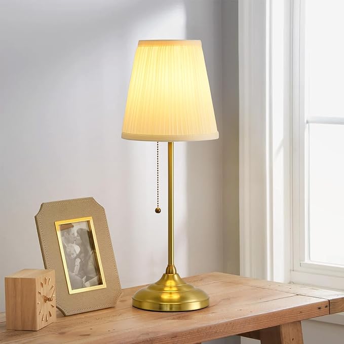 Modern Table Lamp for Bedroom, Gold Bedside Lamp, Farmhouse Nightstand Lamp with Pull Chain Switch, 20" Small Table Lamp for Reading, Hotel, Buffet Candlestick