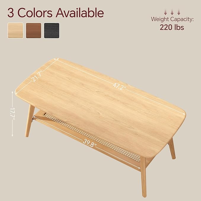 Coffee Table Small Solid Wood Center Table Mid Century Vintage Living Room Coffee Table, Original Rattan 47.24 Inch