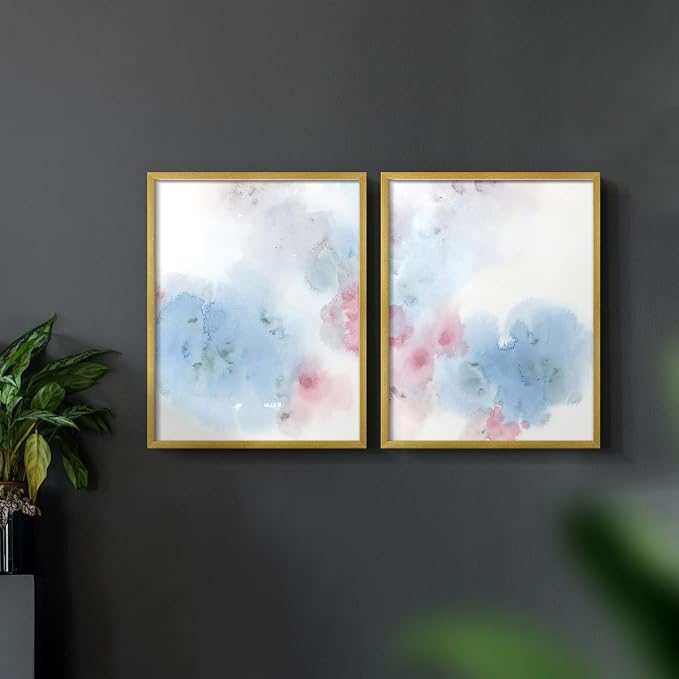 Renditions Gallery Set of 2 Peel & Stick Framed Prints, Watercolor Abstract Wall Art, Cotton Candy Splash Wall Decor, Re-Stickable - Ready to Hang - 8"x10" - GOLD Frame LT588