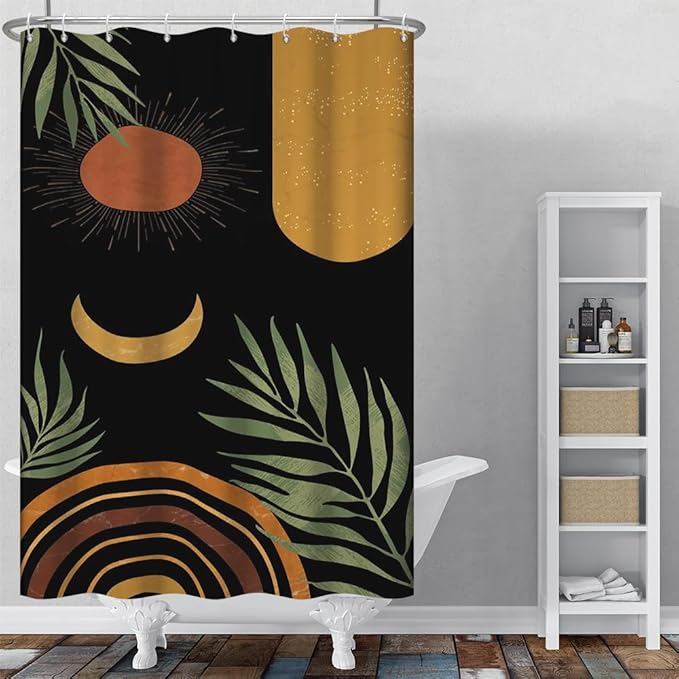 Black Mid Century Boho Shower Curtain for Bathroom Green Leaves Arch Sun Moon Shower Curtains Bohemian Abstract Bathroom Decor Set Washable Waterproof Polyester Fabric with Hooks 36x72 Inch