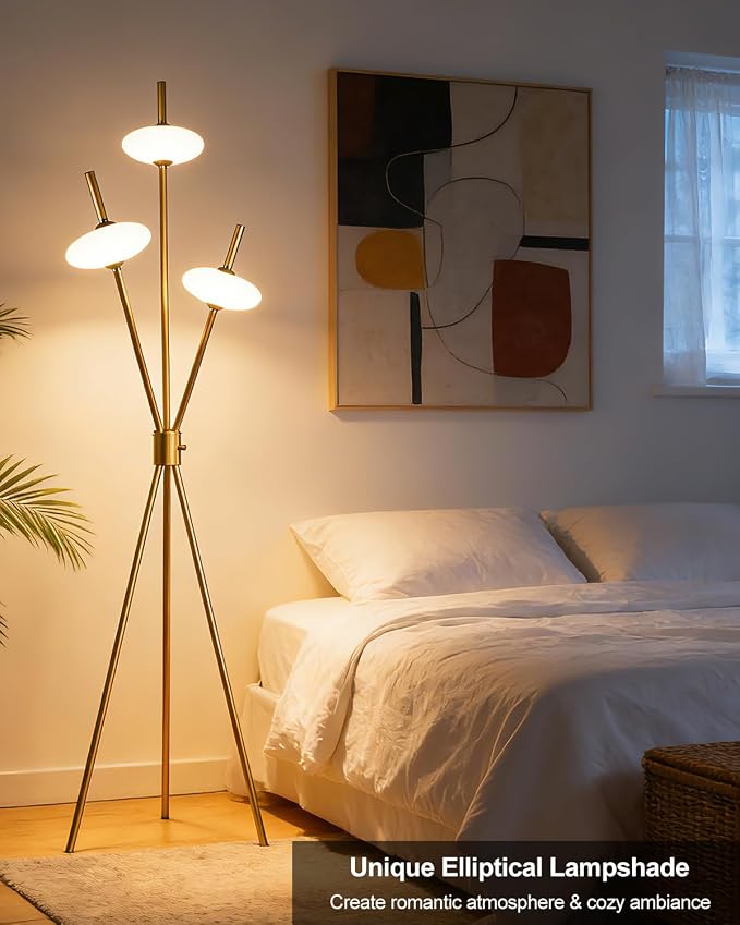 Lightdot Tripod Floor Lamp Stepless Dimmable Gold Standing Tall Lamps with 3PCS Elliptical Lampshades Mid Century Modern Floor Lamps for Living Room/Bedroom/Sofa Beside/Corner Decor