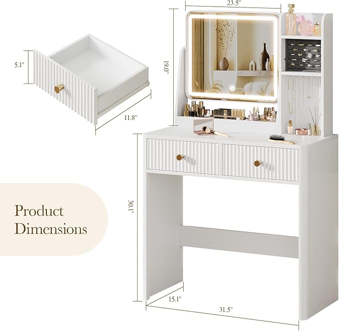 Fluted Vanity Desk with Mirror and Lights, Small Makeup Vanity with 2 Drawers and Jewelry Storage Cabinet, 3 Lighting Modes Adjustable Brightness, Dressing Table for Bedroom - White