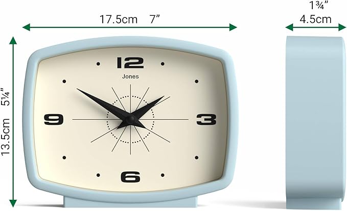 JONES CLOCKS® Film Desk Clock | Retro Rectangular Design | Pale Blue | Retro Design, Blending mid-Century Style with a Punchy Modern Finish for Shelf, Table, Mantel or Bedside