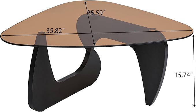 35.8'' Modern Brown Glass Coffee Table with Geometry Base, Triangle Shape Coffee Table for Living Room Office, Black Finish Wood Base, Mid-Century Style Cocktail Center Table for Small Space