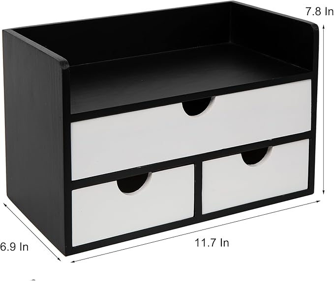 Rustic Distressed white 3-Tier Wood Desk Organizer with 3 Drawers Mini Storage Shelf For Desk, Toiletries Vanity Office Supplies (BlackWhite)