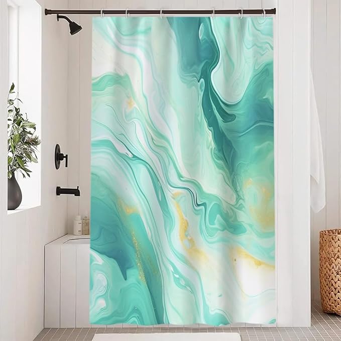 Turquoise Shower Curtain, Modern Teal and Gold Marble Shower Curtain for Bathroom Aesthetic Waterproof Shower Curtain Set with Hooks, 48x72 Inch