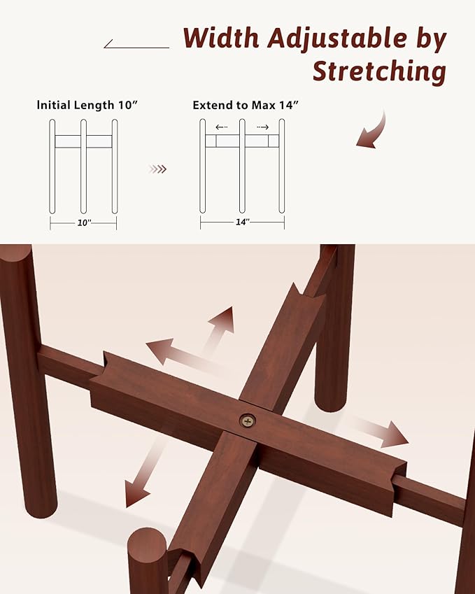 GENTINGBRO Adjustable Plant Stand Indoor, Bamboo Plant Stand Fits 8 9 10 11 12 Inches, Small Corner Planter Holder for Indoor Plants, Single Floor Plant Stands for Living Room Balcony, Reddish Brown Tall
