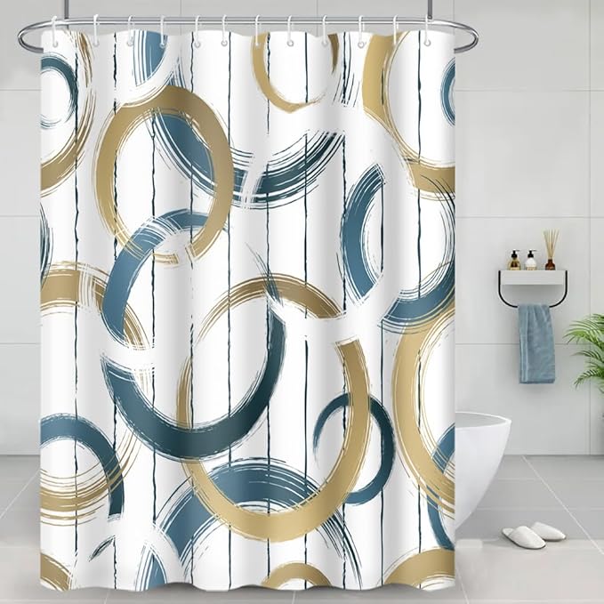 Abstract Geometric Shower Curtains Blue Brown Circle Round Pattern Polyester Fabric Bath Curtains Waterproof for Modern Bathroom Decor Set with Hooks, 69W x 70H Inch