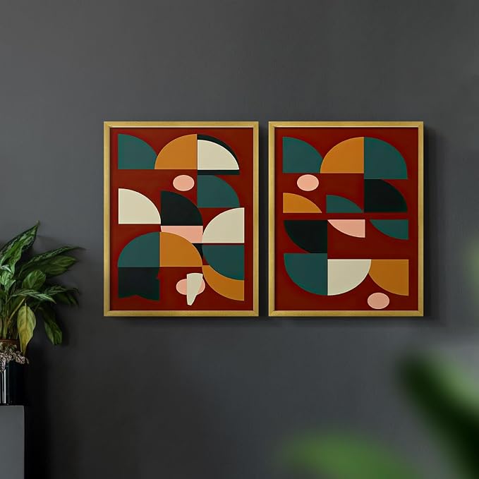 Renditions Gallery Set of 2 Peel & Stick Framed Prints, Mid Century Abstract Wall Art, Modern Geometric Shapes Wall Decor, Re-Stickable - Ready to Hang - 8"x10" - GOLD Frame LT588