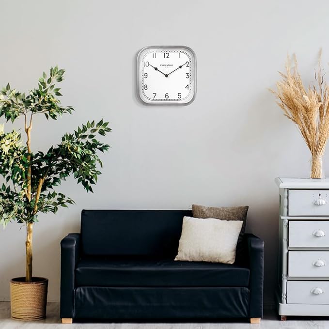 Presentime & Co 10" Anton Vintage Square Clock, Silent No Ticking, Wall & Mantel 2 in 1, Desk and Shelf Clock, Tabletop Décor, Modern Silver Color