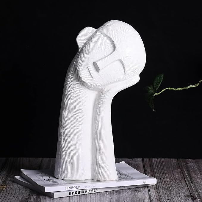 Minimalist Ceramic Ornament Abstract Thinker Statue Head Sculpture for Modern Home Office Meeting Room Shelf Decor 14" inch Tall (White)