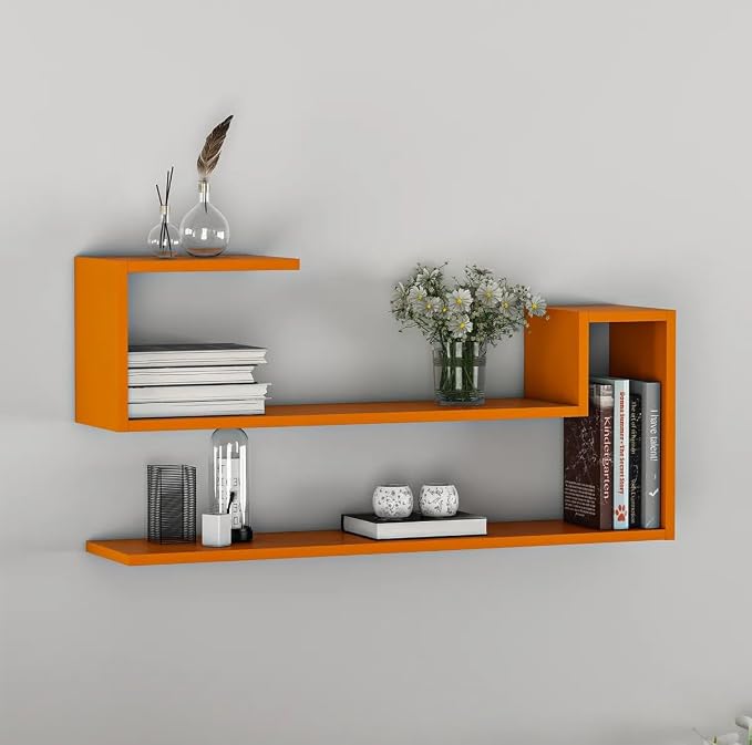 Geometric Wall Shelf: Modern MDF Floating Bookshelf (Orange)