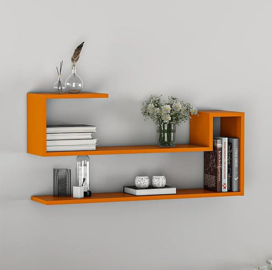Geometric Wall Shelf: Modern MDF Floating Bookshelf (Orange)