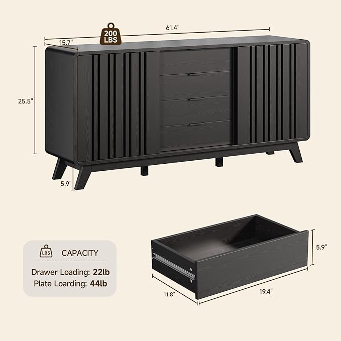 ONBRILL Sideboard Buffet Cabinet with Storage, Fluted Buffet Cabinet with Sliding Doors & 4 Drawers, Mid Century Modern Coffee Bar Wine Bar Credenza for Living Room, Kitchen (Black)