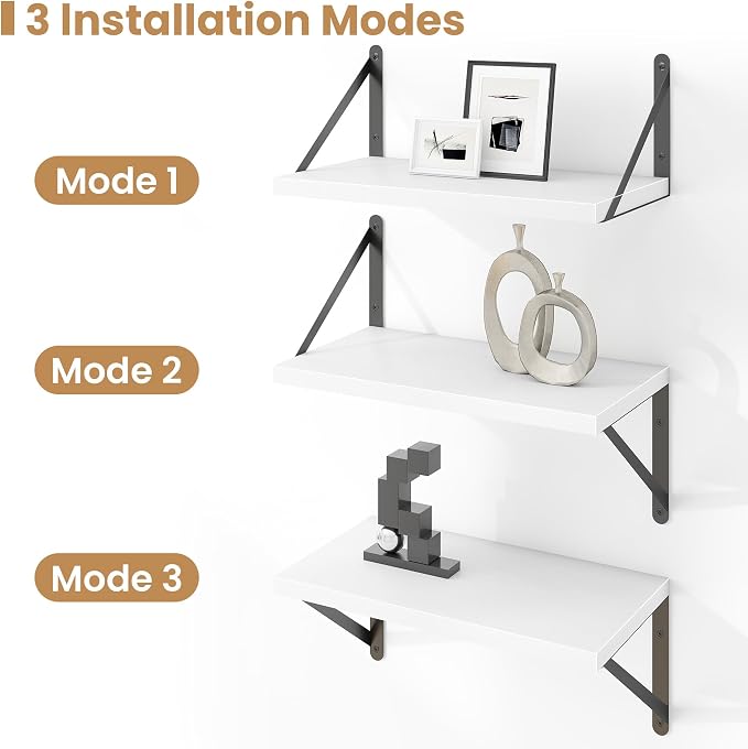 Heimlove Floating Shelves for Wall Set of 3,Light Wood Wall Mounted Bookshelf Decorative Shelf for Living Room Bathroom Kitchen Laundry Pictures Plants Books Cats TV,White