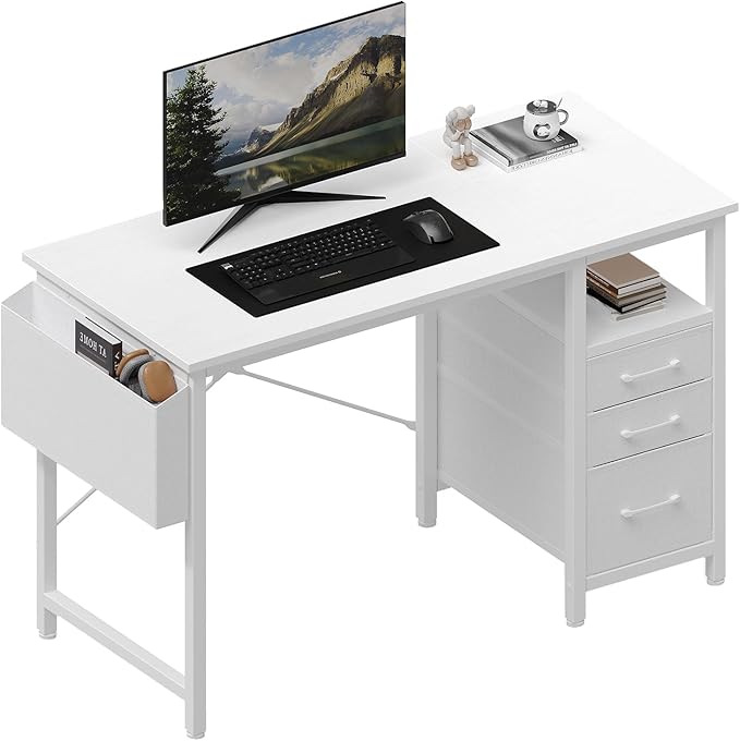 DUMOS 39" Computer Desk with Storage, Small Home Office Desk with 3 Fabric Drawers & Side Pocket, Space Saving Writing Desk for Apartment, Dorm, Gaming Workstation, White