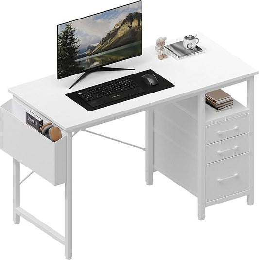 DUMOS 39" Computer Desk with Storage, Small Home Office Desk with 3 Fabric Drawers & Side Pocket, Space Saving Writing Desk for Apartment, Dorm, Gaming Workstation, White