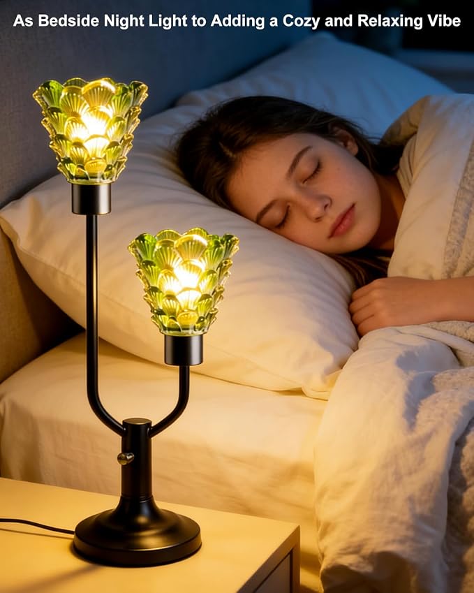 Lightdot Green Glass Table Lamp for Living Room Dimmable Mid Century Modern Vintage Desk Lamp Black Nightstand Lamp 2 Bulbs Included Warmwhite Ambient Bedside Lamp for Bedroom Home Office Decor Gift