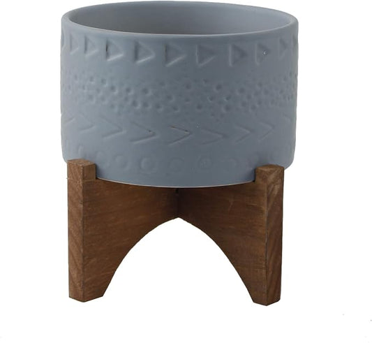 Flora Bunda Mid-Century 5 Inch Caveman Texture Ceramic Planter on Wood Stand, Grey Caveman 5"