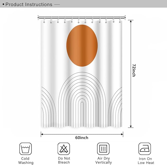 Abstract Mid Century Bohemian Bathroom Shower Curtain with Orange Sun Lines Arch, Waterproof Polyester Fabric, Minimalist Home Decor, 60x72 Inch