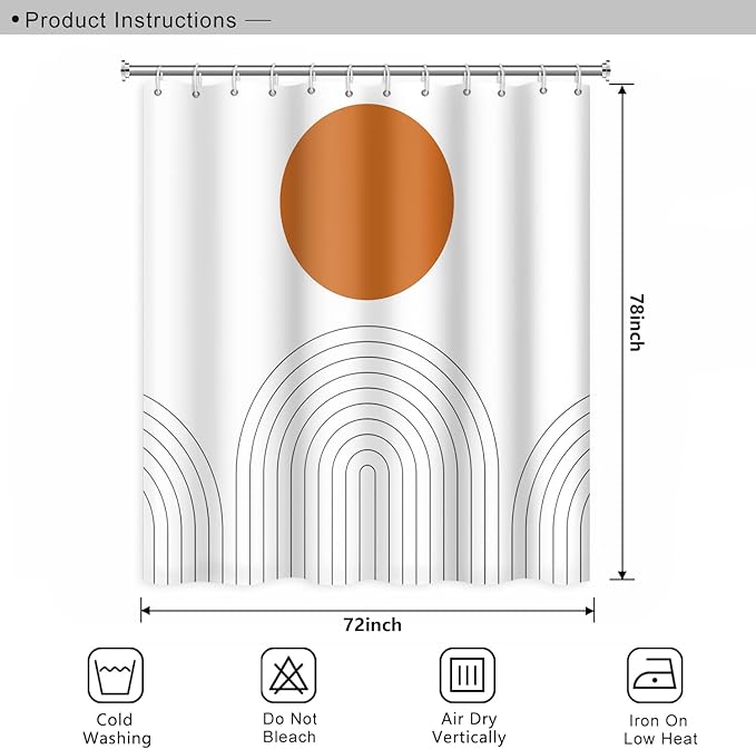 Abstract Mid Century Bohemian Bathroom Shower Curtain Orange Sun Lines Arch with Hooks Waterproof Polyester Fabric Minimalist Home Decor, 72x78 Inch