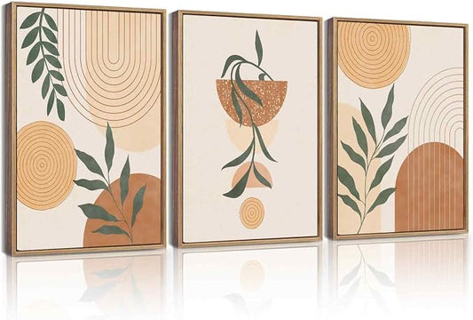 KUVIOKE Boho Wall Art Framed Canvas Botanical Mid Century Modern Wall Printing Neutral Abstract Geometric Prints Bohemain Sage Decor for Farmhouse Living Dining Room 12x16in (Natural Framed)
