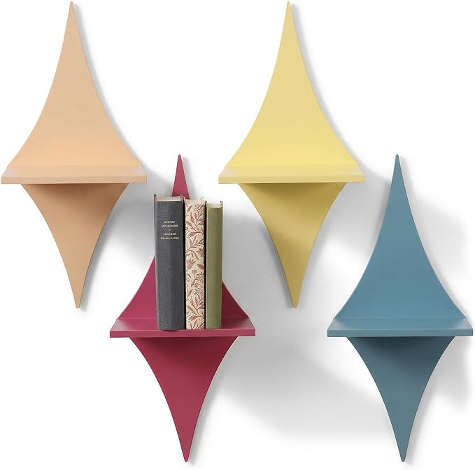 4 PCS Floating Wood Shelves Star Shaped, 13.8 X 5.9 Inch Mid Century Wall Decor Retro Small Wall Shelves Hanging Storage Sign Decoration for Bedroom, Living Room, Bathroom, Office Decor