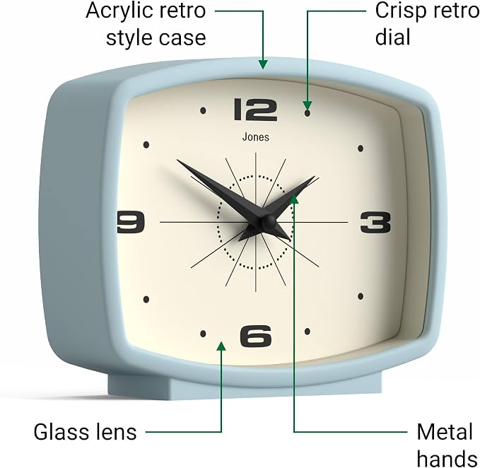 JONES CLOCKS® Film Desk Clock | Retro Rectangular Design | Pale Blue | Retro Design, Blending mid-Century Style with a Punchy Modern Finish for Shelf, Table, Mantel or Bedside