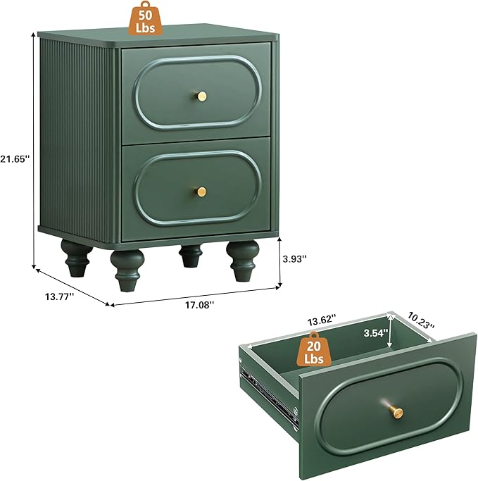 ORRD 2 Drawer Fluted Mini Small Dresser for Bedroom Set of 2, Mid Century Modern Nightstand Bedside End Table, Wood Storage Dresser Organizer for Bedroom, Green