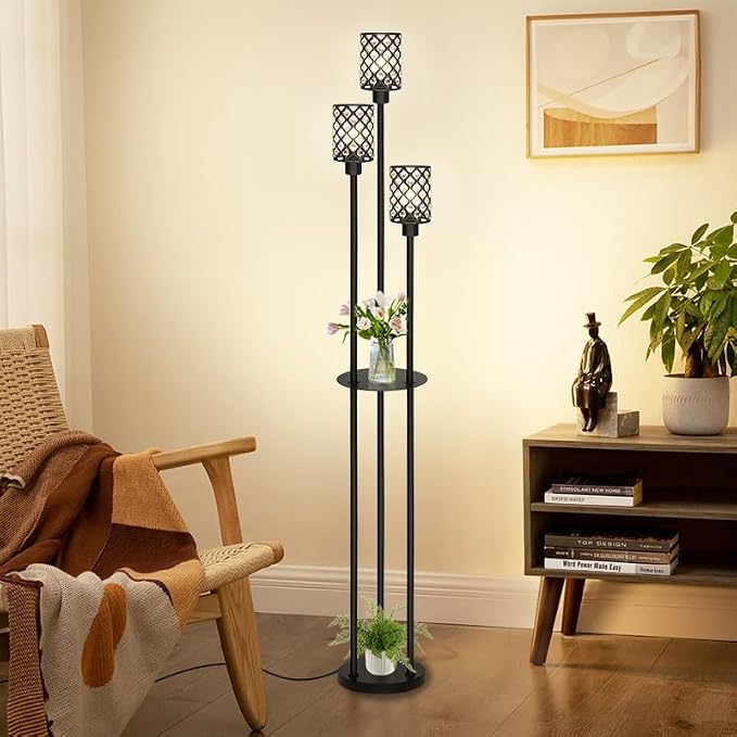 Gold Floor Lamps for Living Room, Standing Floor Lamp with shelves, Tall Lamp with Table, Modern Mid Century Floor Lamp with E26 Base, Coner Crystal Floor Light for Bedroom (Without Bulb) (Black)