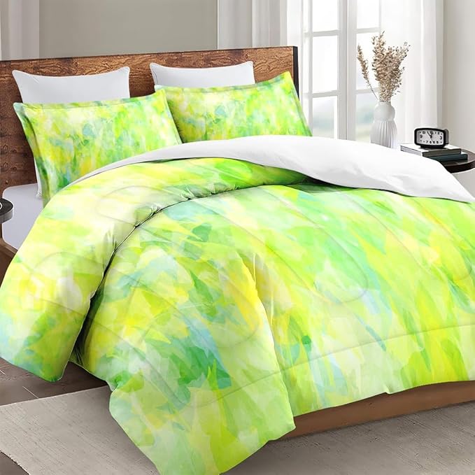 Comforter Set with 2 Pillowcases Queen Size, Modern Cool Lime Green Abstract, Bed Decor Cold Light Citrus Wave Space for Kids and Adults, Soft Cozy Bedroom Bedding Set