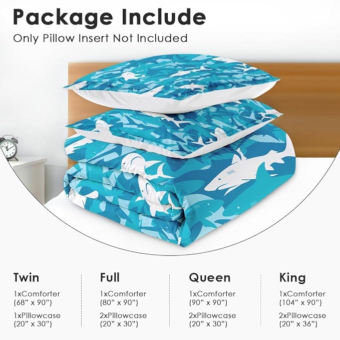Blue Shark Twin Comforter Set, Ocean Surf Camouflage Bedding Set 2 Piece, All Season Soft Toddlers Children Adults Bedroom Bed Decoration Comforter and 1 Pillow Shams
