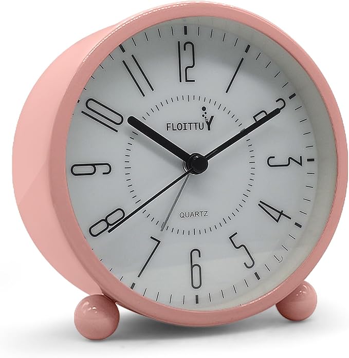 FLOITTUY Super Silent Metal Alarm Clock,Beep Wake Round Alarm Clock with Night Light,Battery Operated,Easy Set,Simple & Retro for Desk, Bedroom and Home Decoration(Pink)