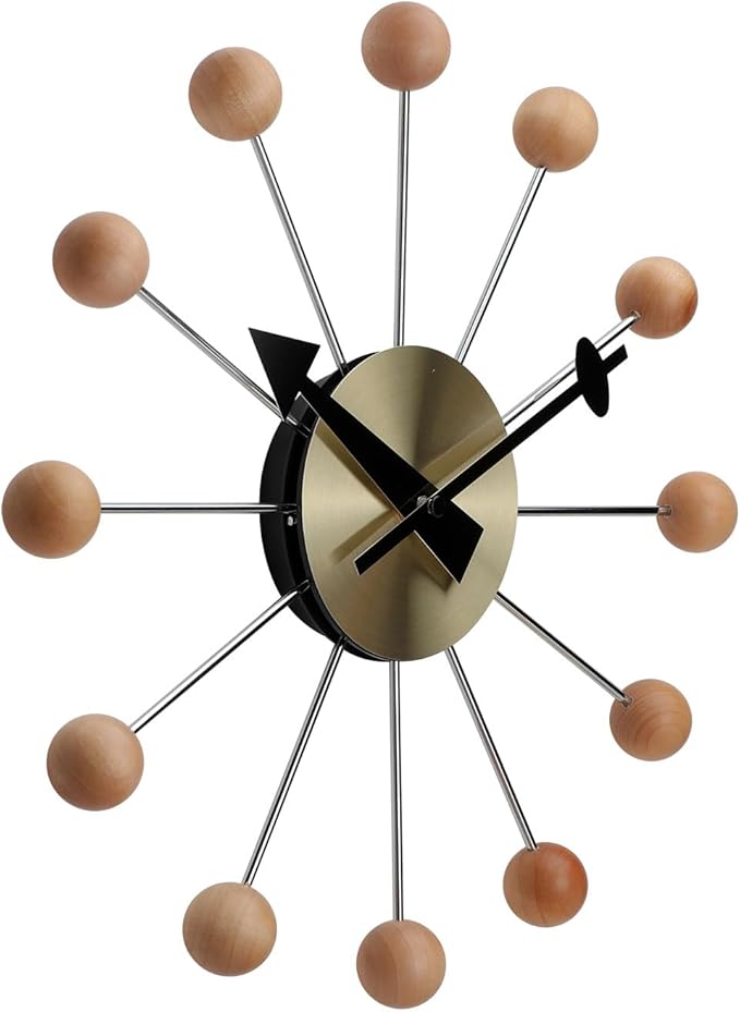 NUOVO 13 Inch Wood Ball Wall ClockMulticolor Mid Century Creative Silent Quartz Personality Funny Decorative Home Living Room Kitchen Office Retro Design Clock