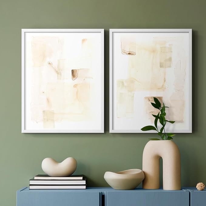 Renditions Gallery Set of 2 Peel & Stick Framed Prints, Abstract Wall Art, Mixed Handmade Oil Painting Wall Decor, Re-Stickable - Ready to Hang - 16"x20" - White Frame LT588