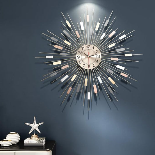 Starburst Round Wall Clock Decor 24" Silent Battery Operated, Mid Century Modern Metal Decorative Wall Clock for Living Room Bedroom Office