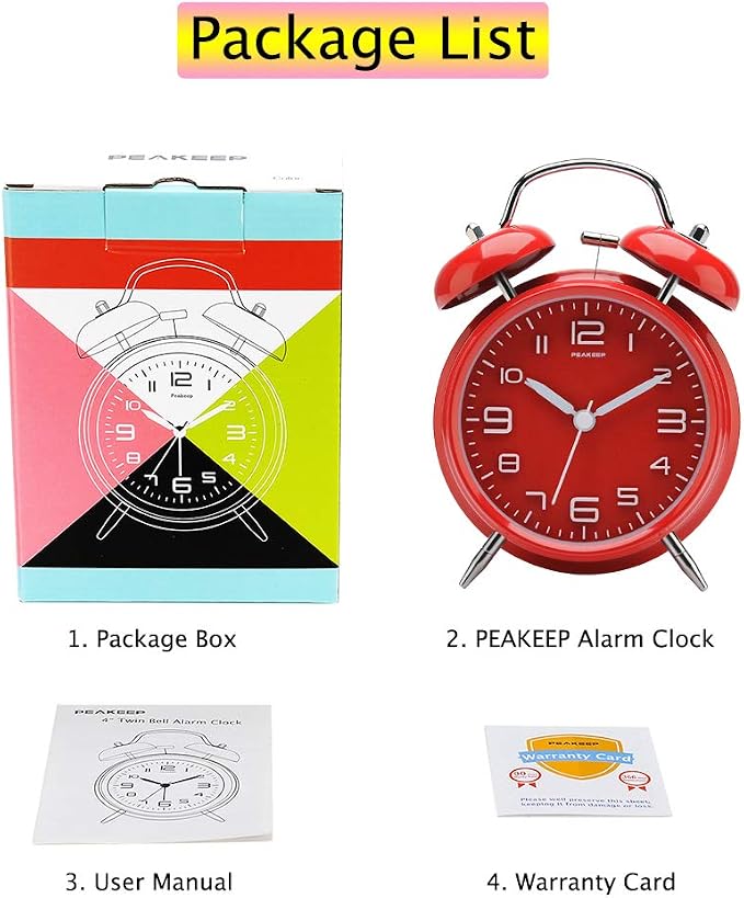 Peakeep 4.5 Inches Twin Bell Loud Alarm Clock for Heavy Sleerpers, Backlight, Battery Operated Old Fashioned Alarm Clock for Bedrooms (3D-Dial, Red)