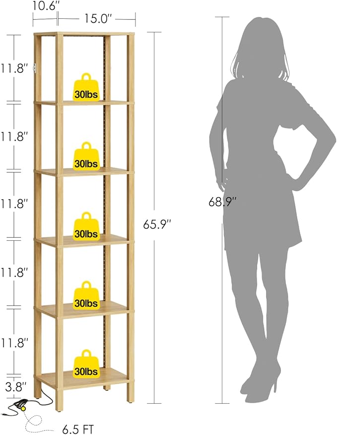 Open Book Shelf with LED Lights, 6 Tier Tall Bookshelf, Freestanding Shelf Narrow Bookcase with Open Shelves, 14.57" x 10.63" x 65.83", Book Shelves for Living Room, Office, Study, Oak