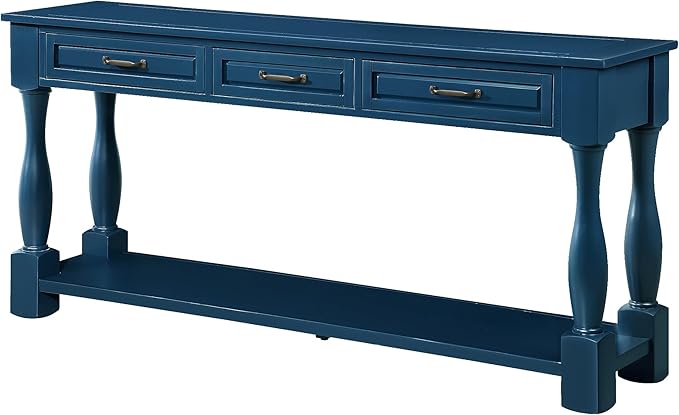 Merax Console Table with 4 Drawers, Retro Entryway Table with Open Storage Shelf for Entryway, Wood Side Table with Thick Legs for Living Room Bedroom, Navy Blue