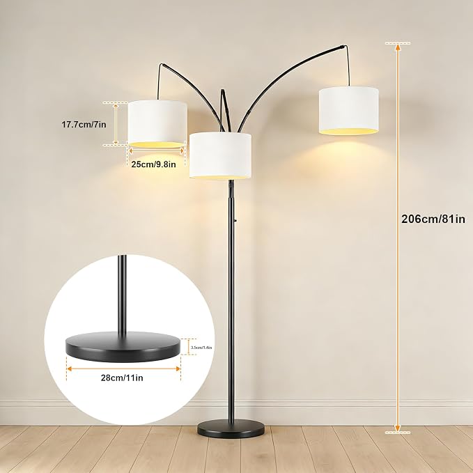 80 Inch Arc Floor Lamp for Bedroom, 3-Light Dimmable Standing Lamp for Living Room, 2400LM Super Bright Tree Lamp with Remote Control, Tall Floor Lamp for Office with Adjustable Arms & Weighted Base