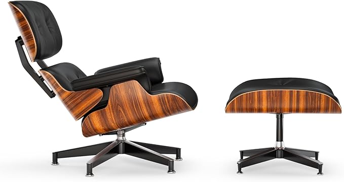 Top Black PU Leather, Mid Century Chaise Lounge Chair and Ottoman, Modern Chair Classic Design, Palisander Wood, Heavy Duty Base Support for Living Room Office
